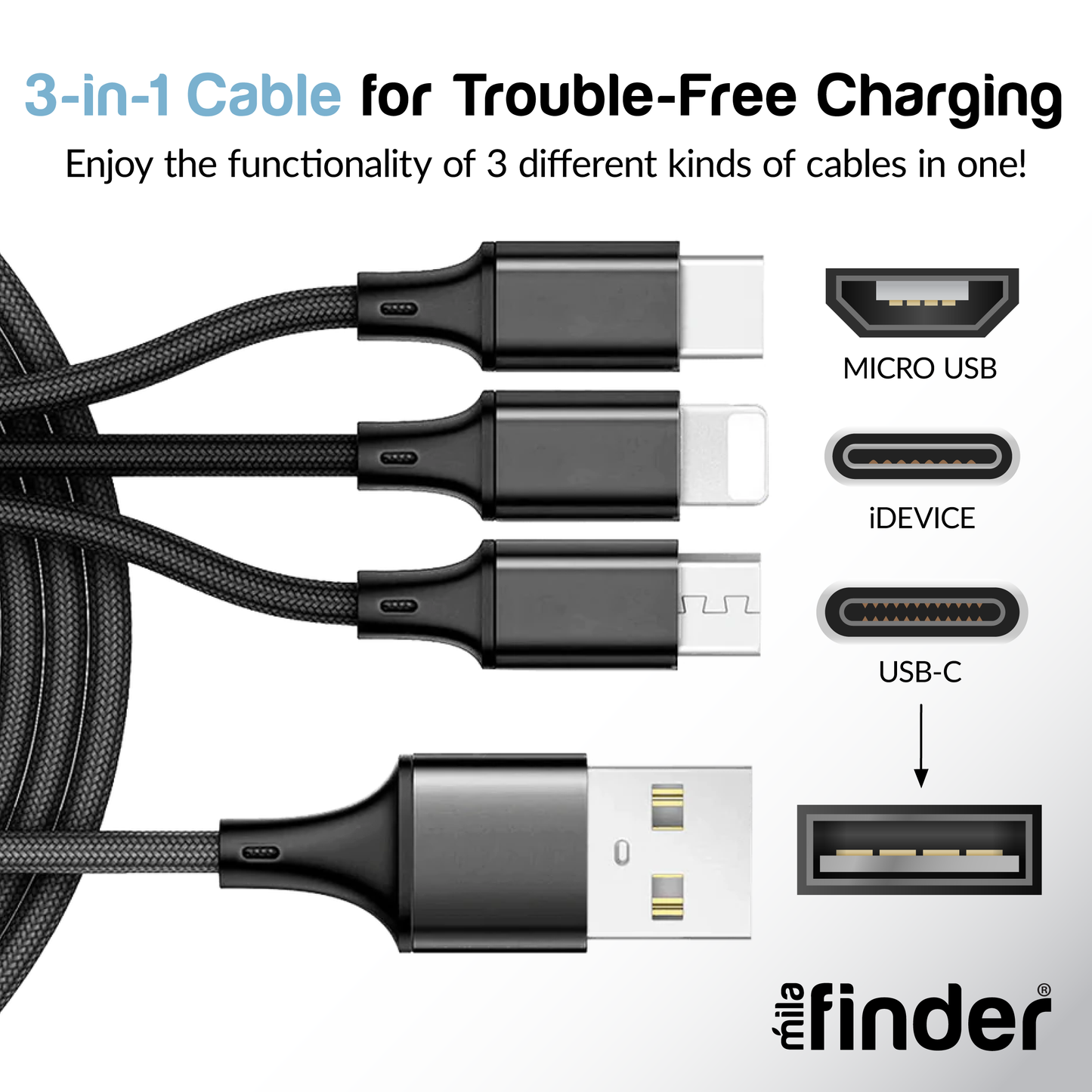 10 foot 3-in-1 USB Multi-Charging Cable Boxed: Silver