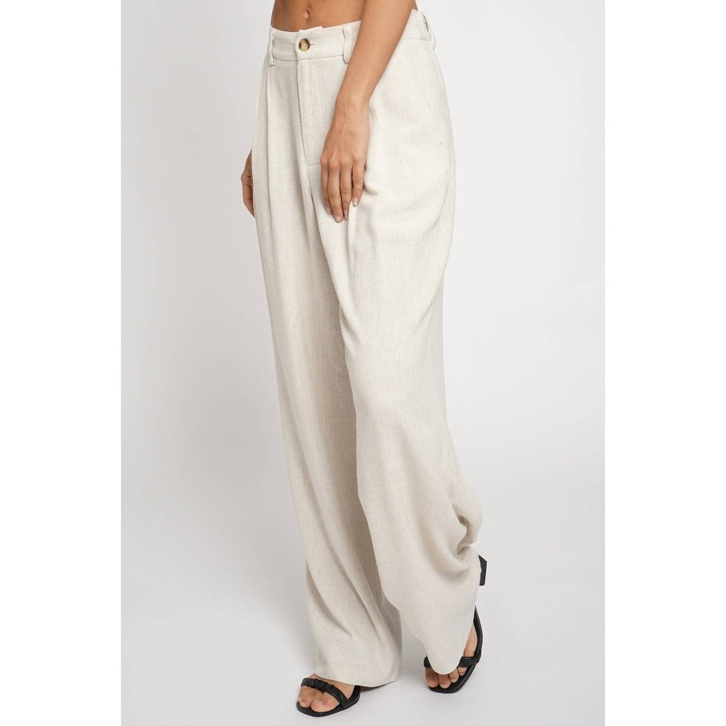 PLEATED FRONT LINEN TROUSER: Black / S