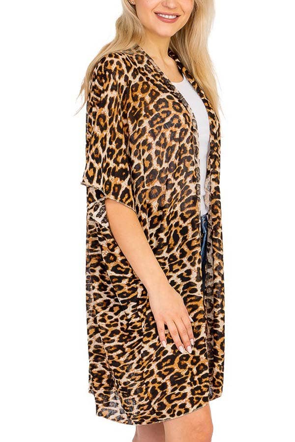 Leopard Print Chiffon Semi Sheer Kimono Cover Up