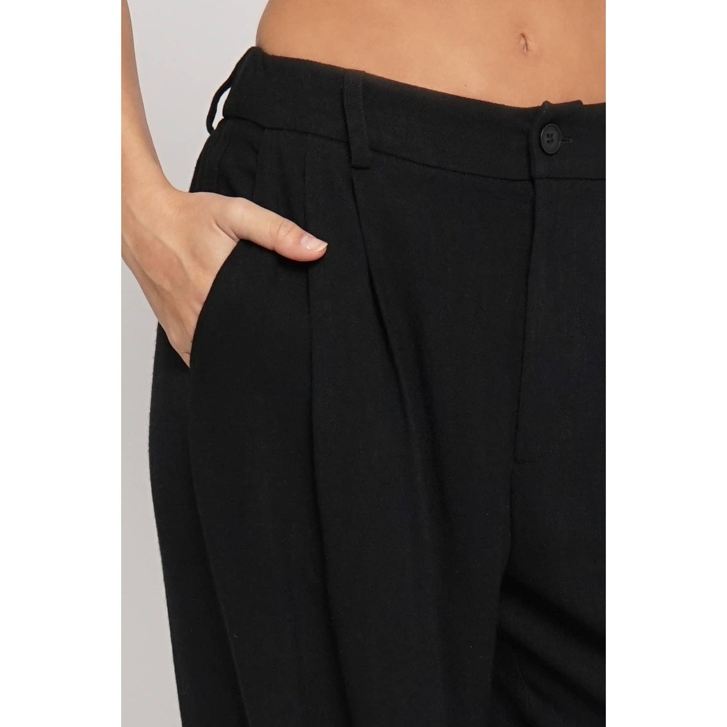 PLEATED FRONT LINEN TROUSER: Black / S