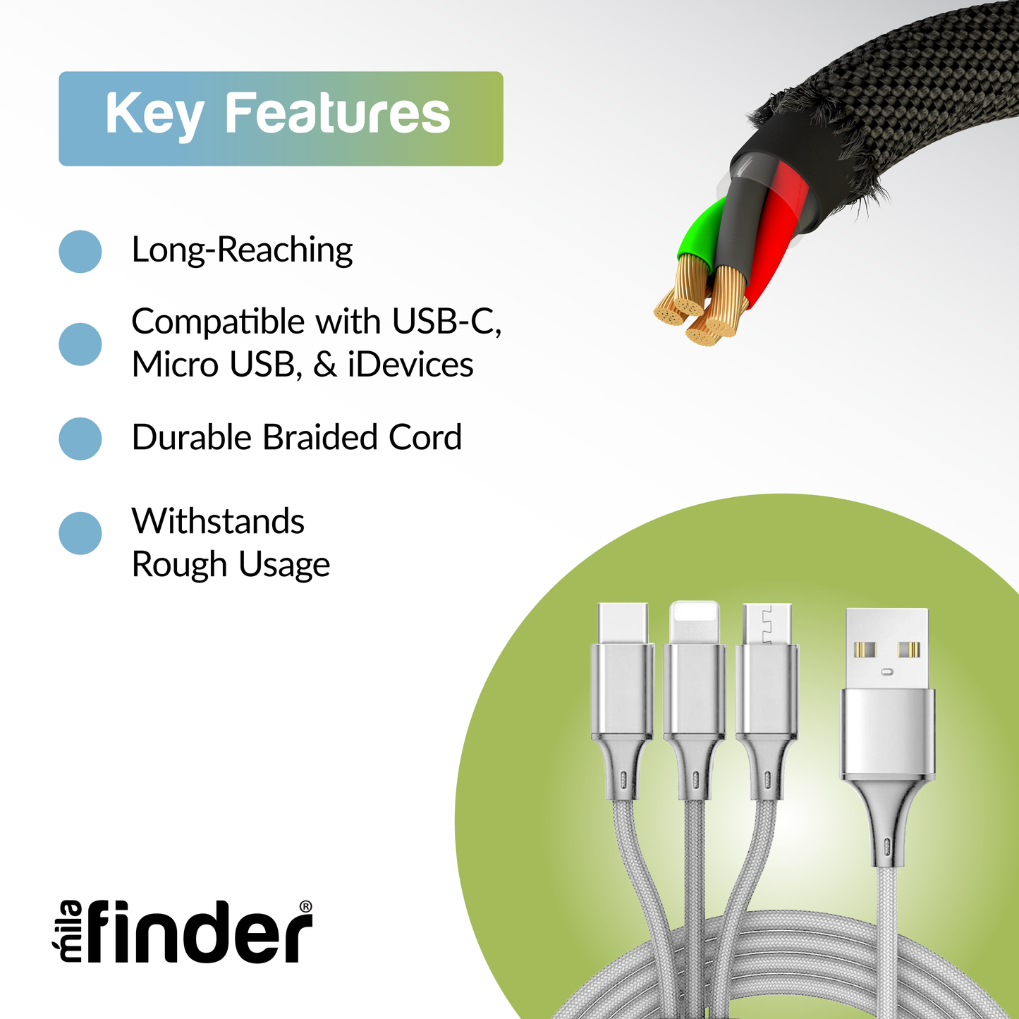 10 foot 3-in-1 USB Multi-Charging Cable Boxed: Silver