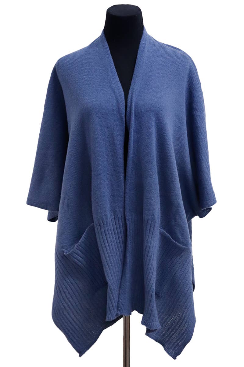 Solid Knitted Batwing Sleeve Poncho with Pockets: Blue