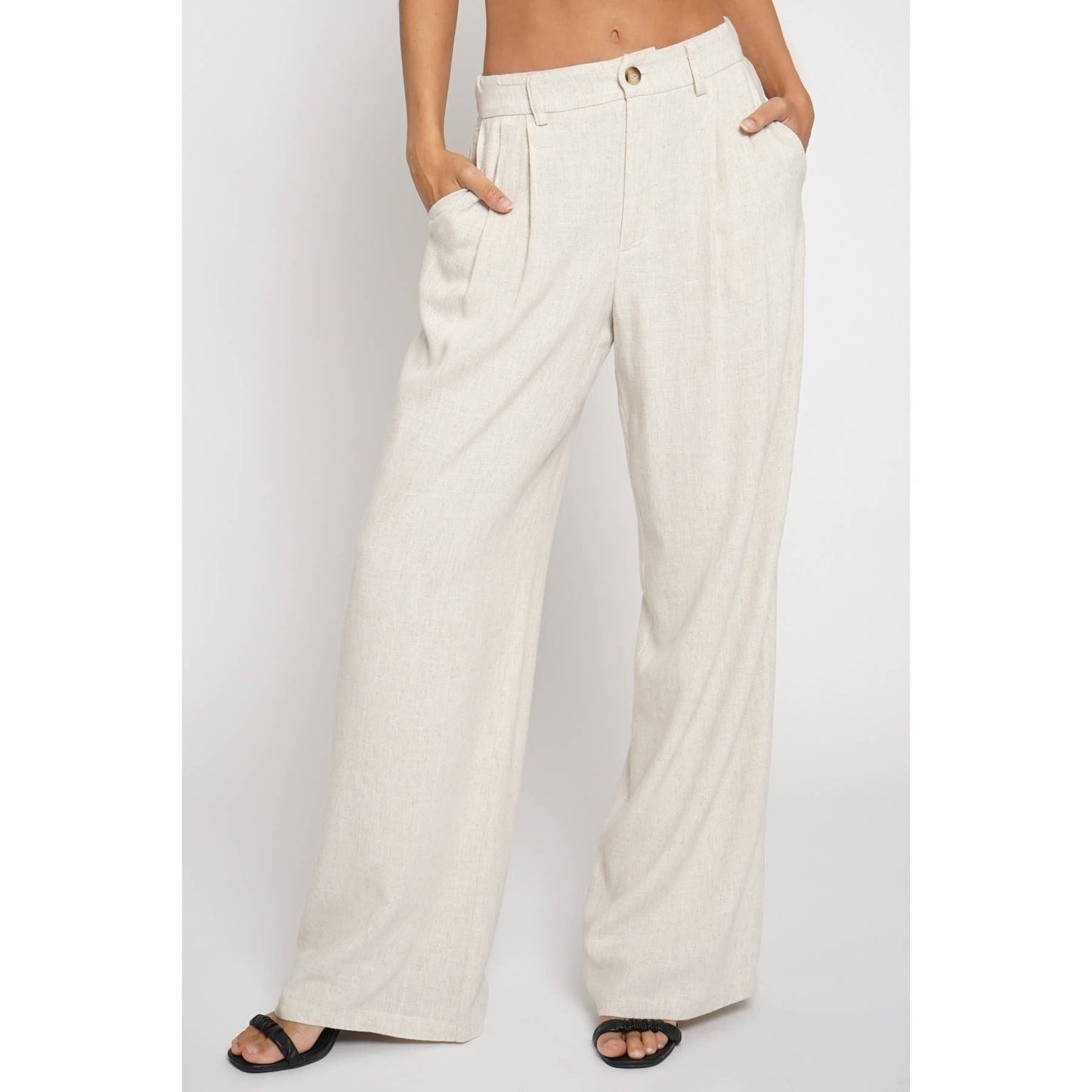 PLEATED FRONT LINEN TROUSER: Black / S