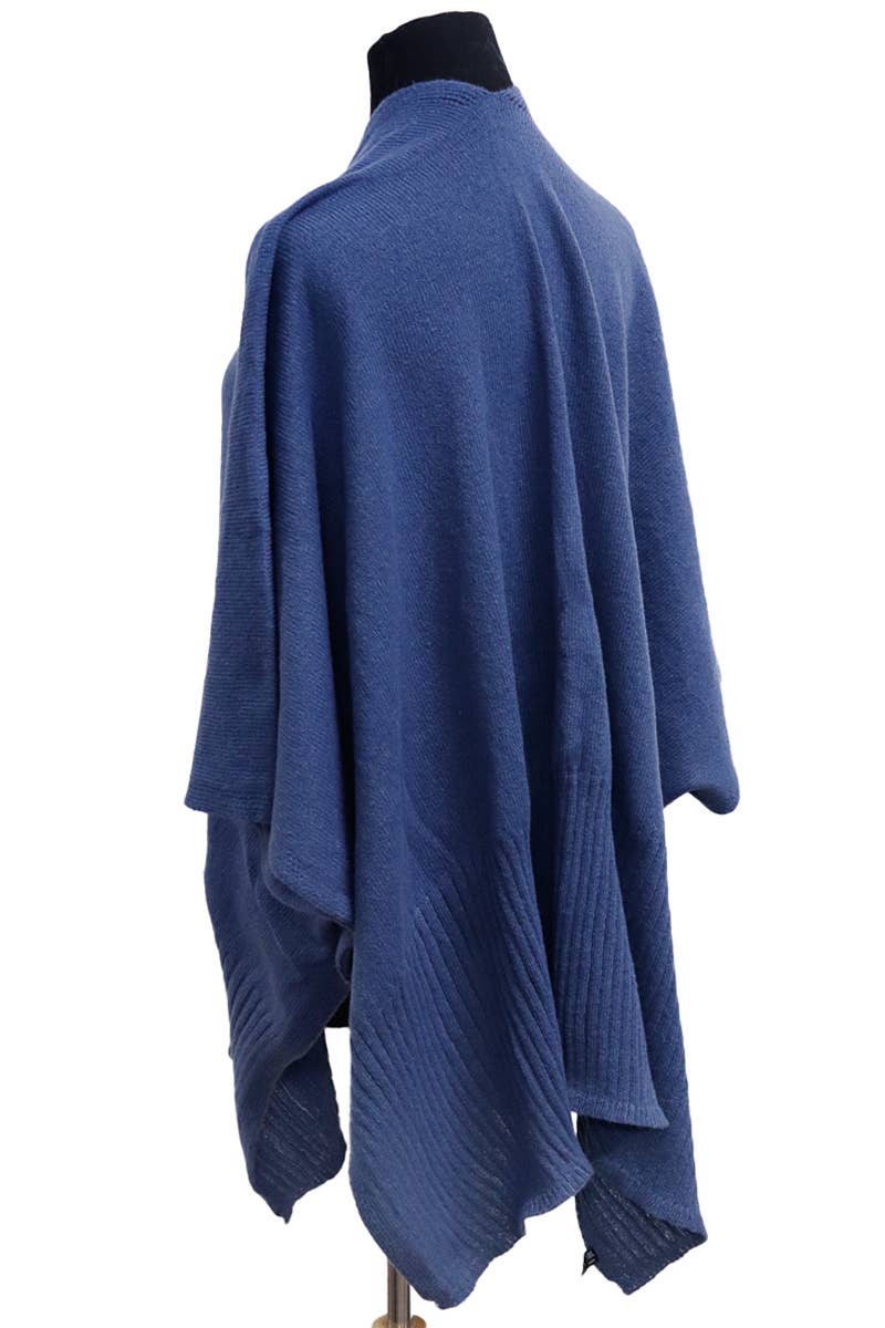 Solid Knitted Batwing Sleeve Poncho with Pockets: Blue