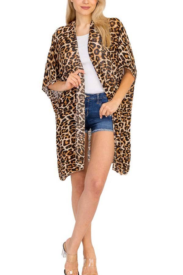 Leopard Print Chiffon Semi Sheer Kimono Cover Up
