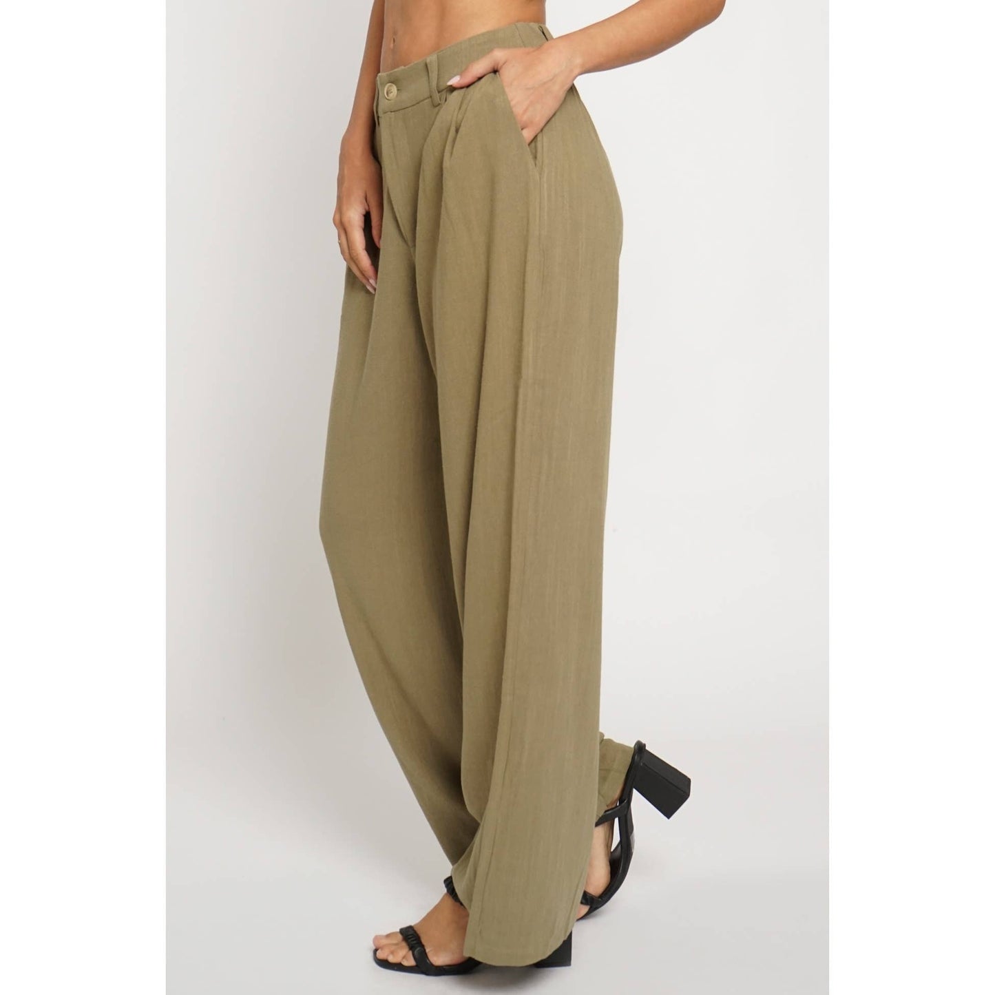 PLEATED FRONT LINEN TROUSER: Black / S