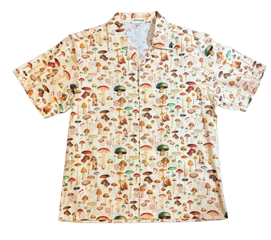Men's Mushroom Print Short Sleeve Cotton Shirt / M