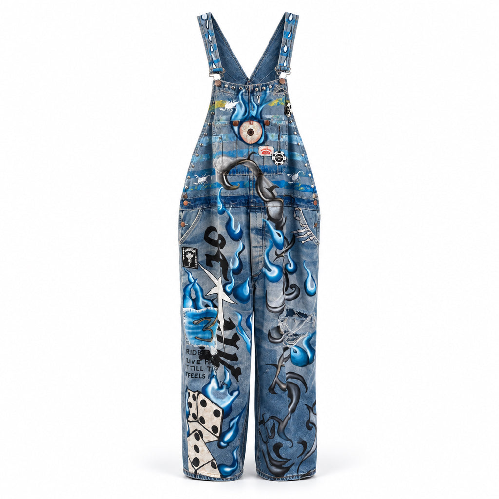 Denim Overalls - Hand Painted Flames