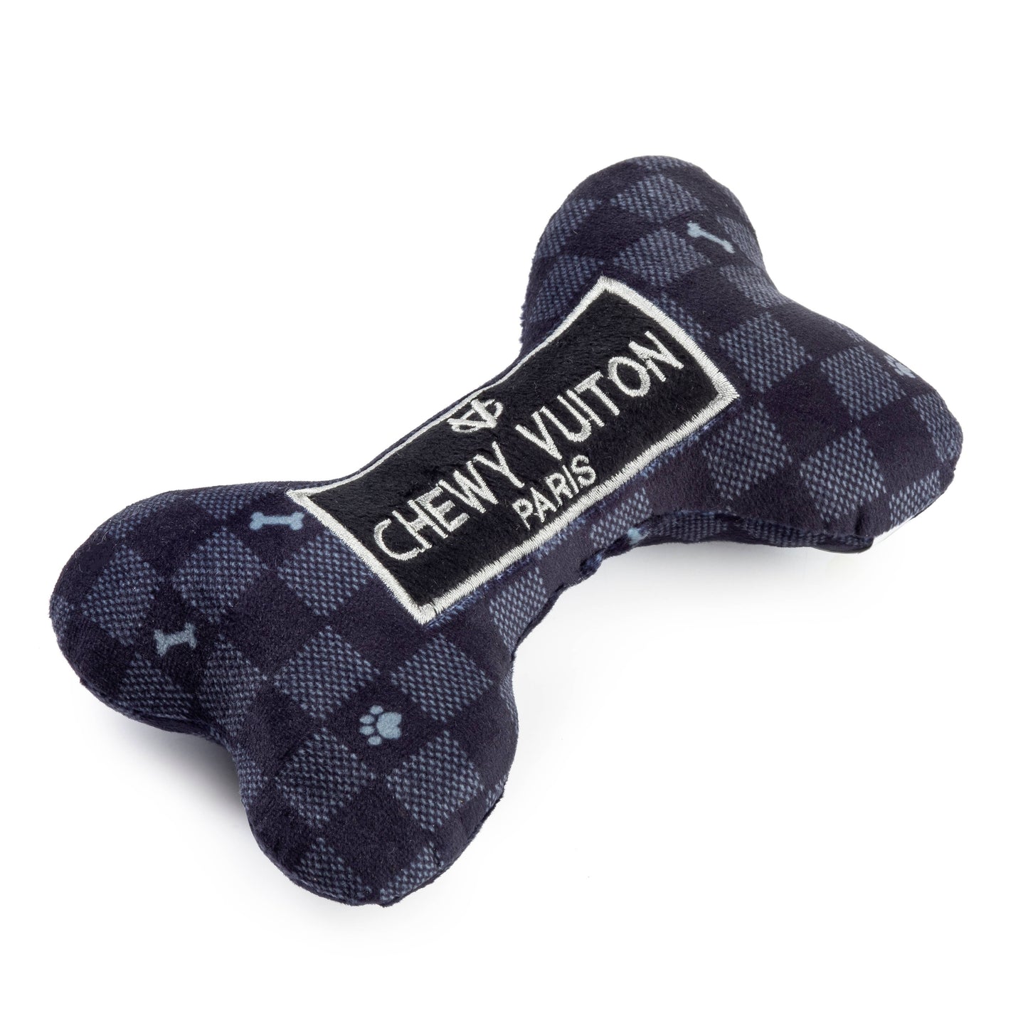 Black Checker Chewy Vuiton Bone Squeaker Dog Toy