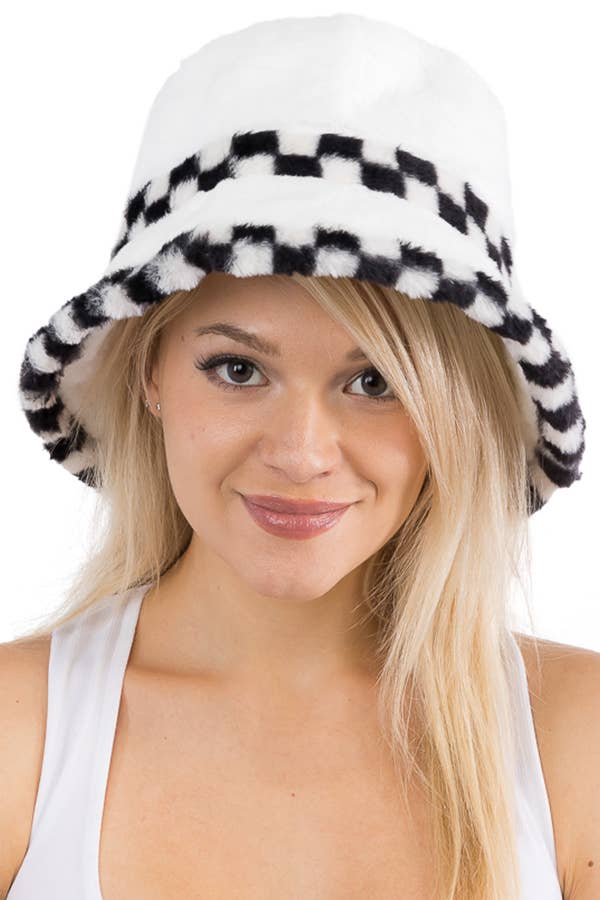 Black White Checkered Fluffy Faux Fur Bucket Hat