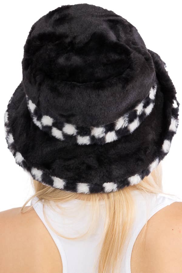 Black White Checkered Fluffy Faux Fur Bucket Hat