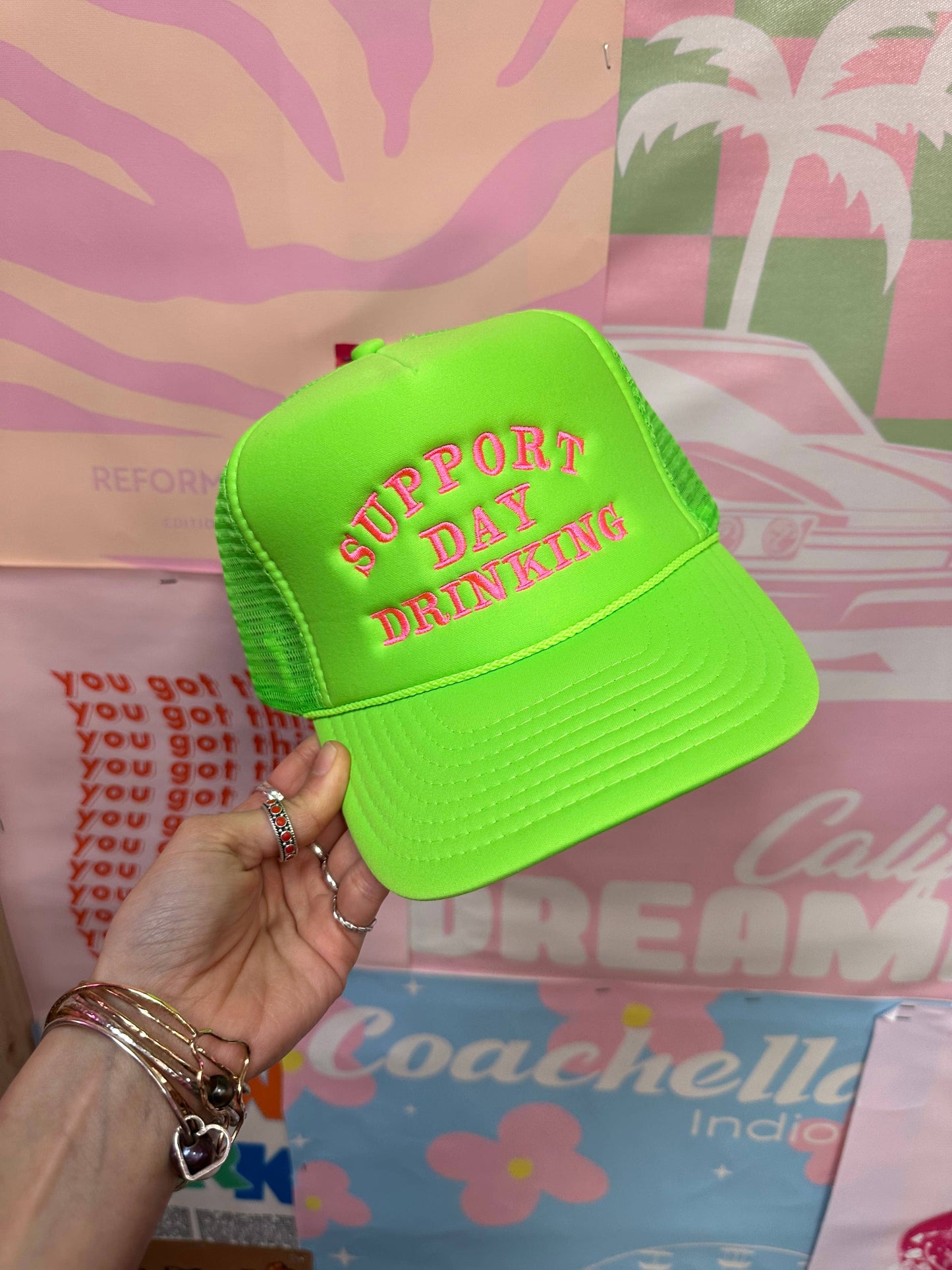 Support Day Drinking Trucker Hat Neon Green