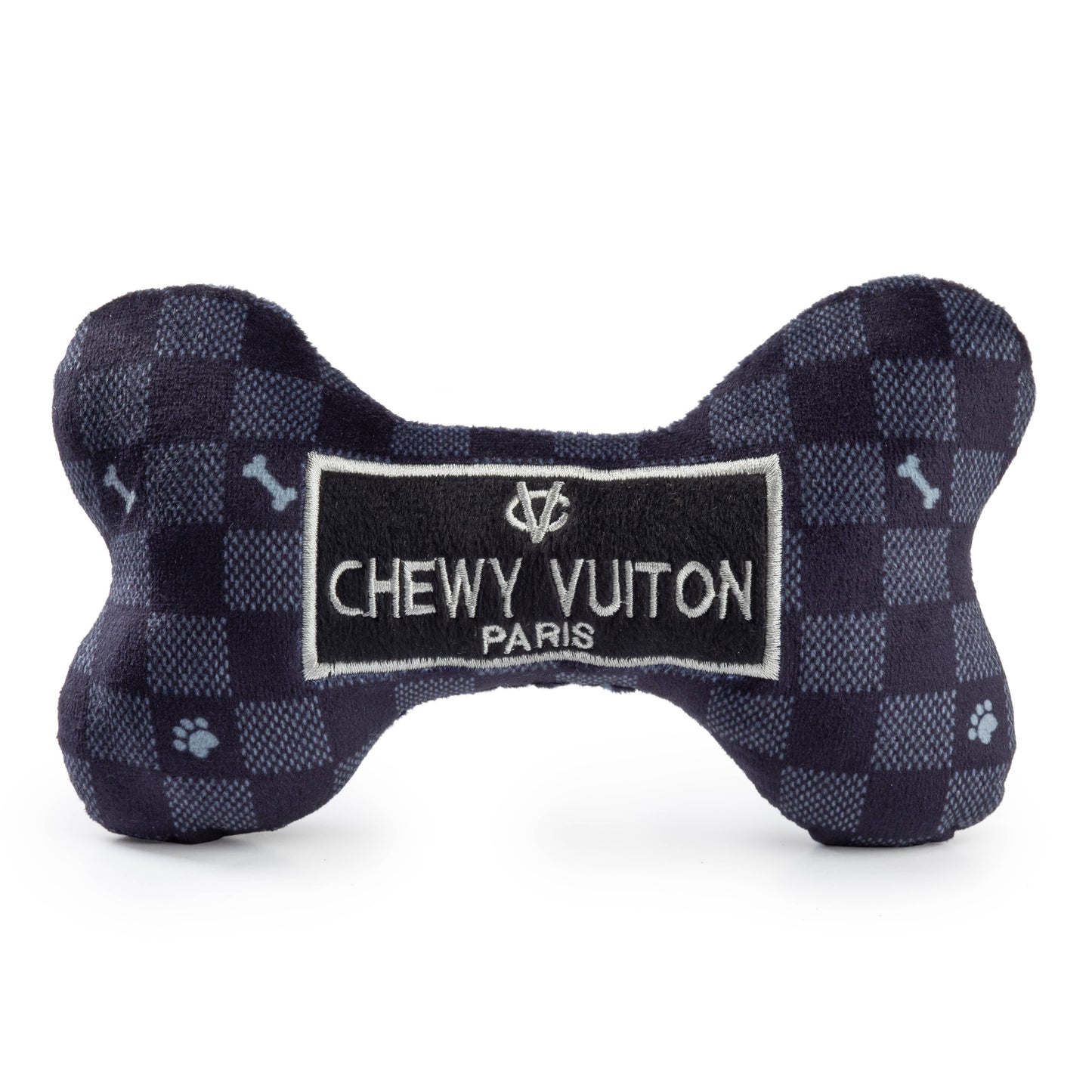 Black Checker Chewy Vuiton Bone Squeaker Dog Toy