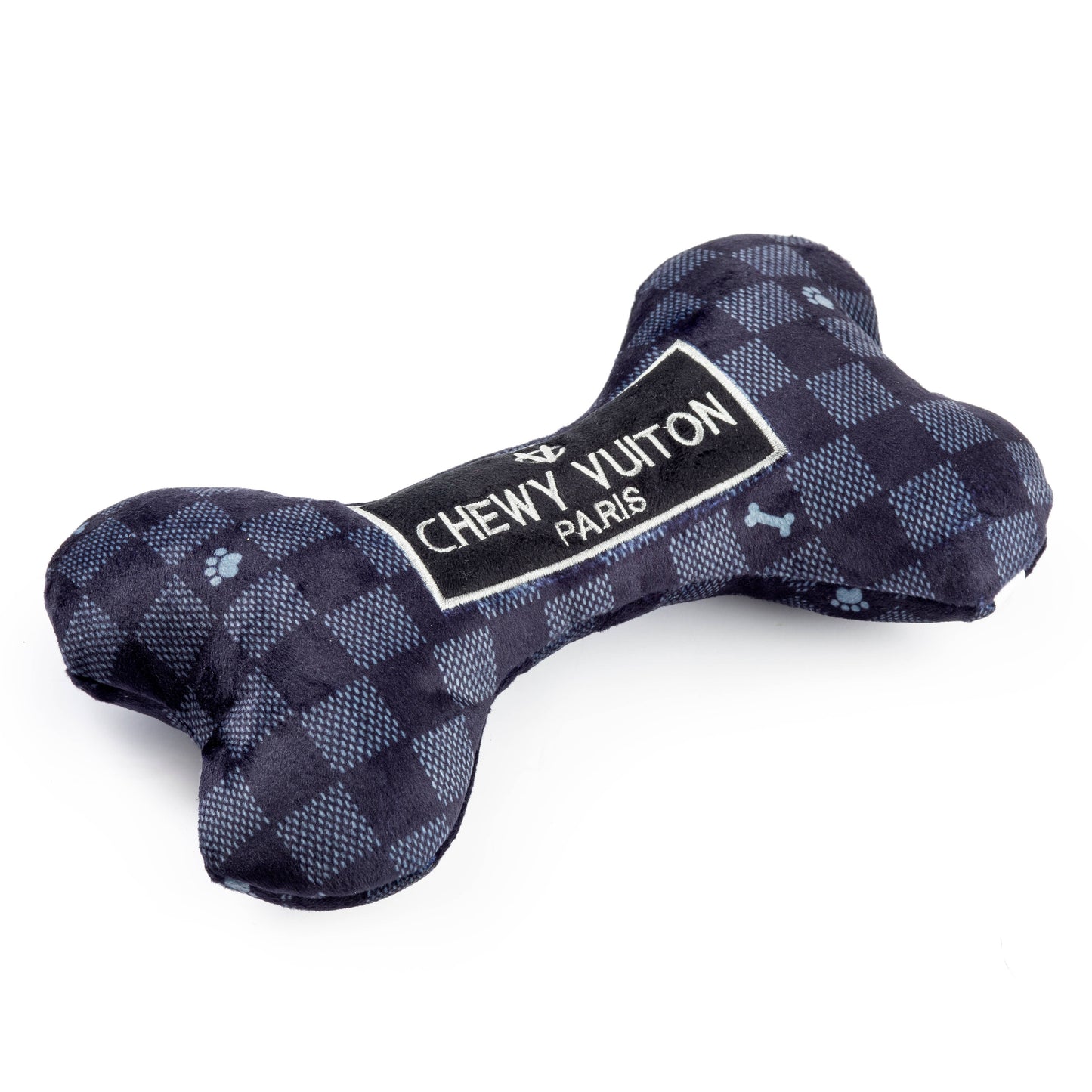 Black Checker Chewy Vuiton Bone Squeaker Dog Toy