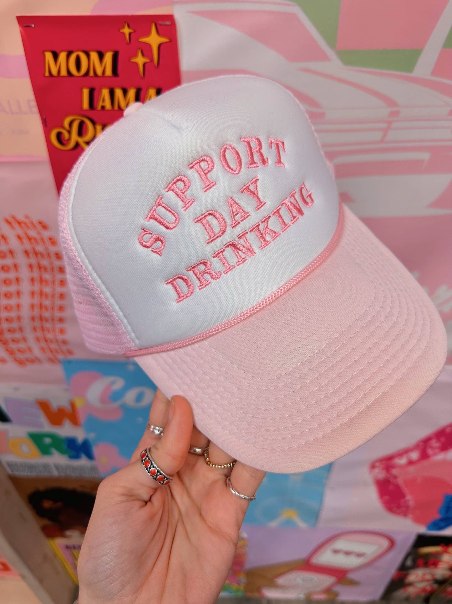 Support Day Drinking Trucker Hat Baby Pink: Embroidery