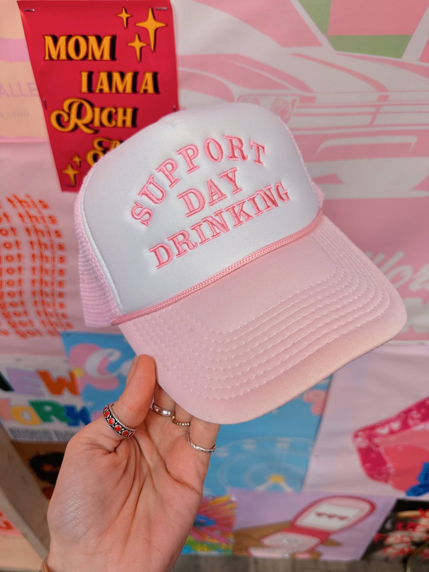 Support Day Drinking Trucker Hat Baby Pink: Embroidery