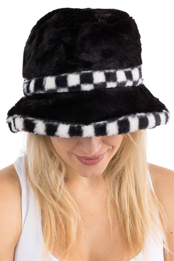 Black White Checkered Fluffy Faux Fur Bucket Hat