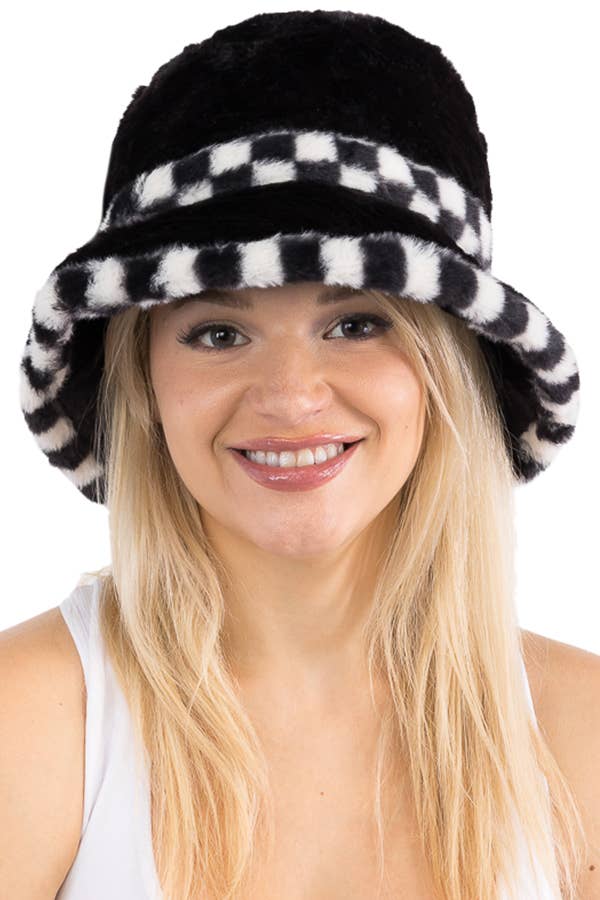 Black White Checkered Fluffy Faux Fur Bucket Hat