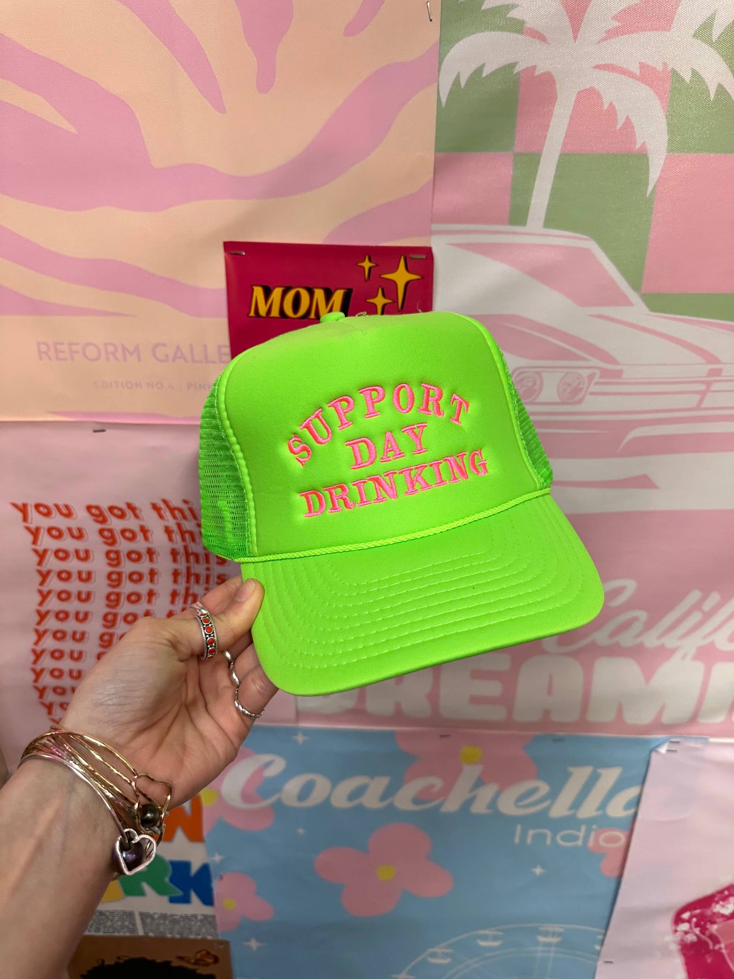 Support Day Drinking Trucker Hat Neon Green