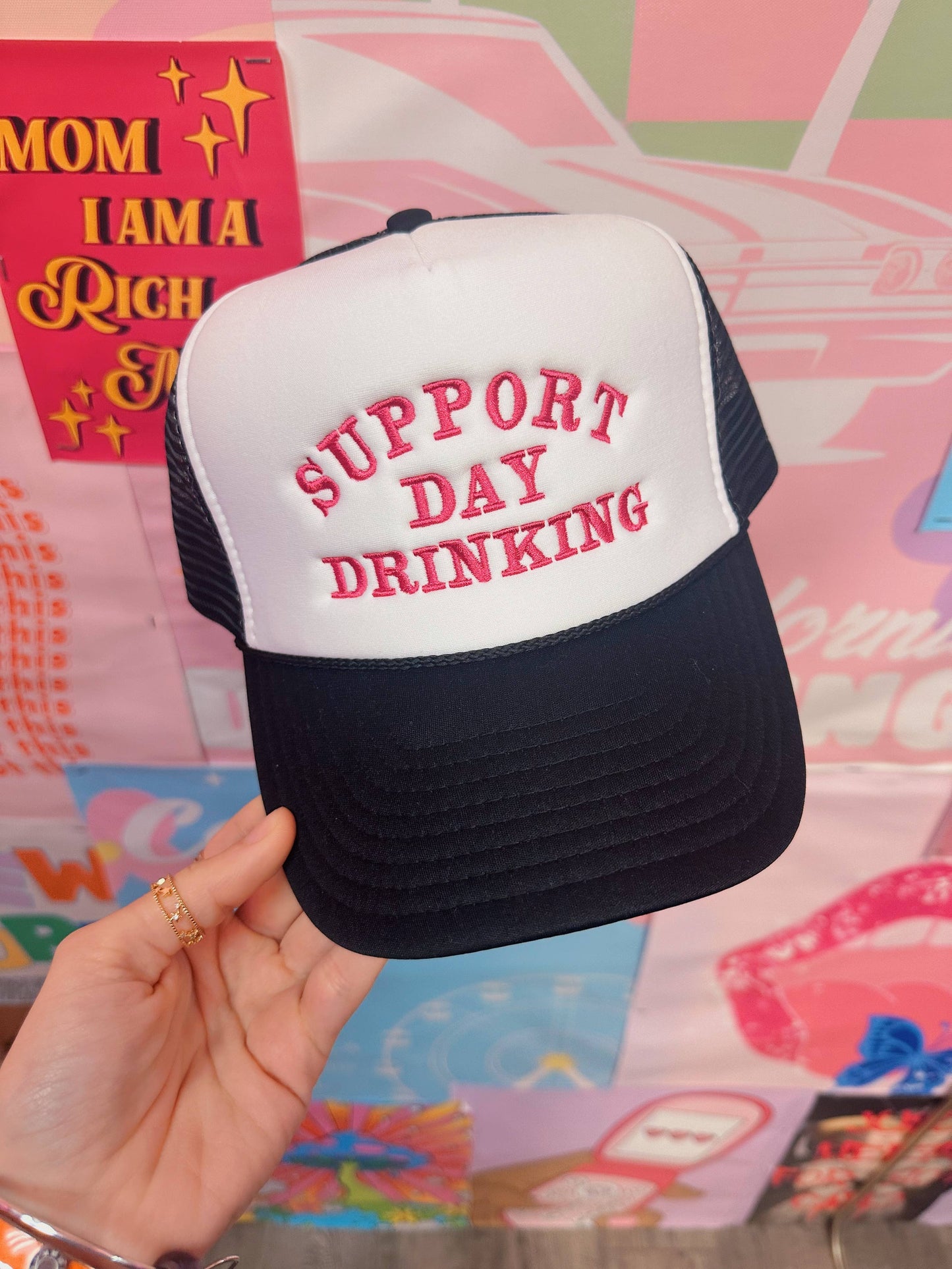 Support Day Drink Trucker Hat Pink