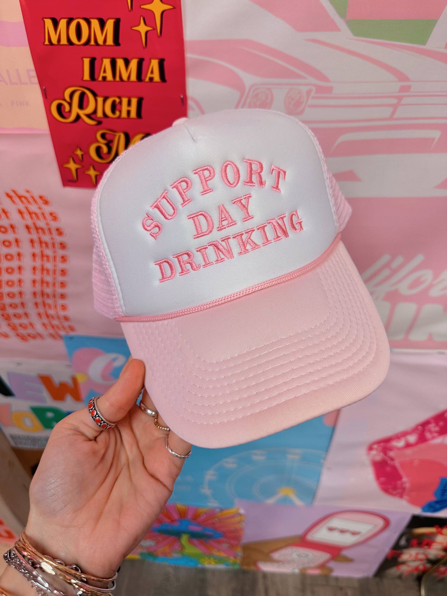 Support Day Drinking Trucker Hat Baby Pink: Embroidery