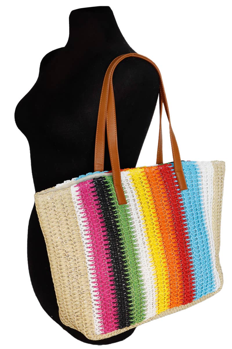 Rainbow Pride Crochet Rattan Wide Beach Tote