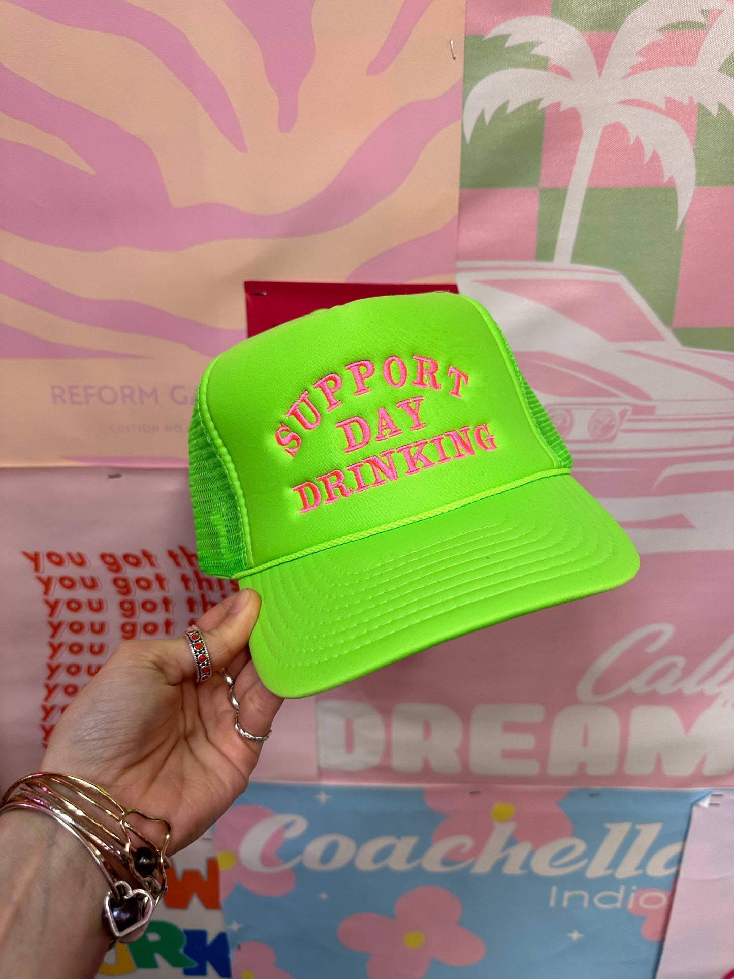 Support Day Drinking Trucker Hat Neon Green