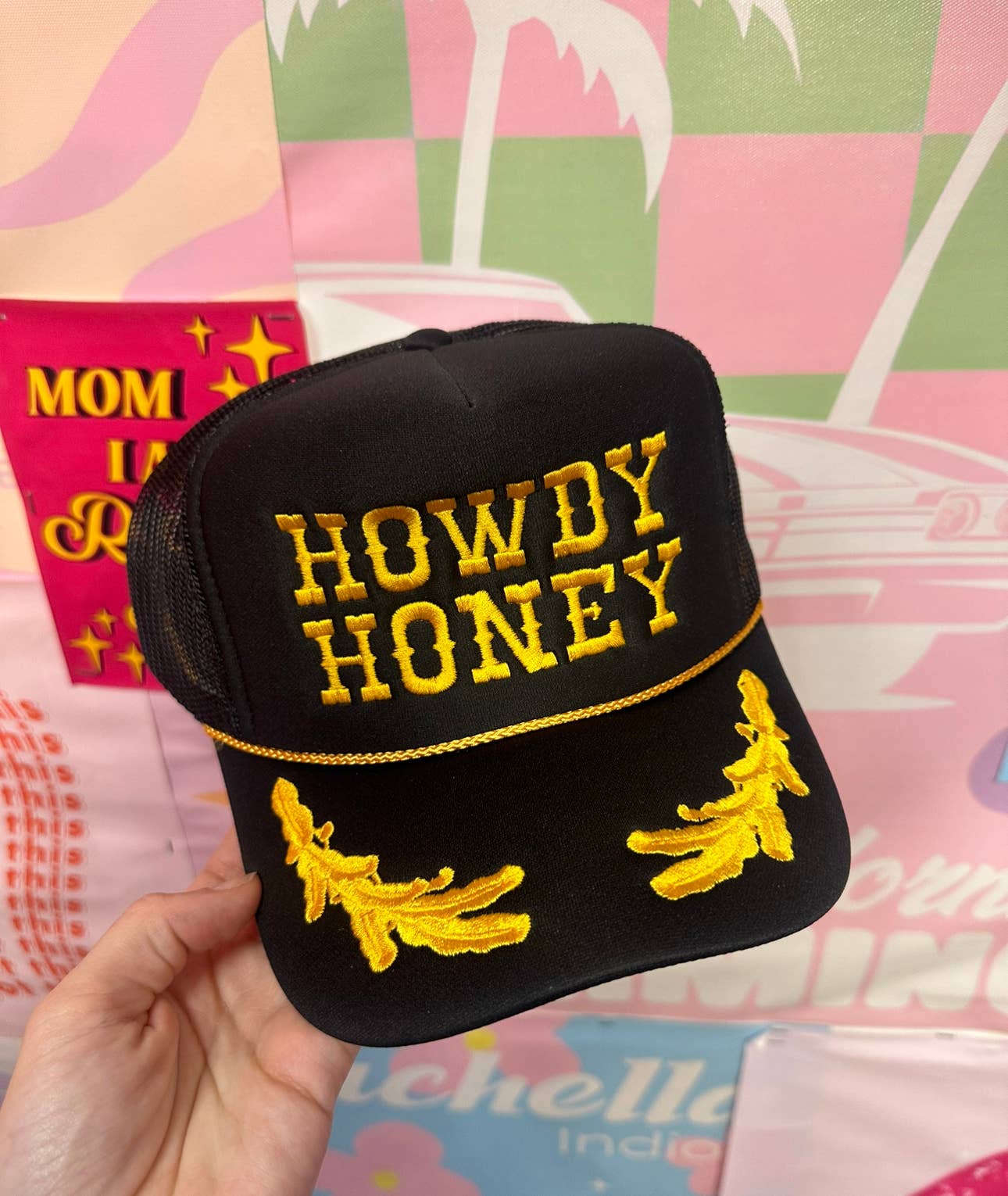 Black Howdy Honey Gold Trucker Hat: Embrodiary