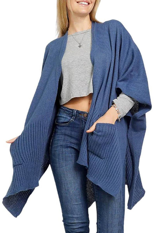 Solid Knitted Batwing Sleeve Poncho with Pockets: Blue