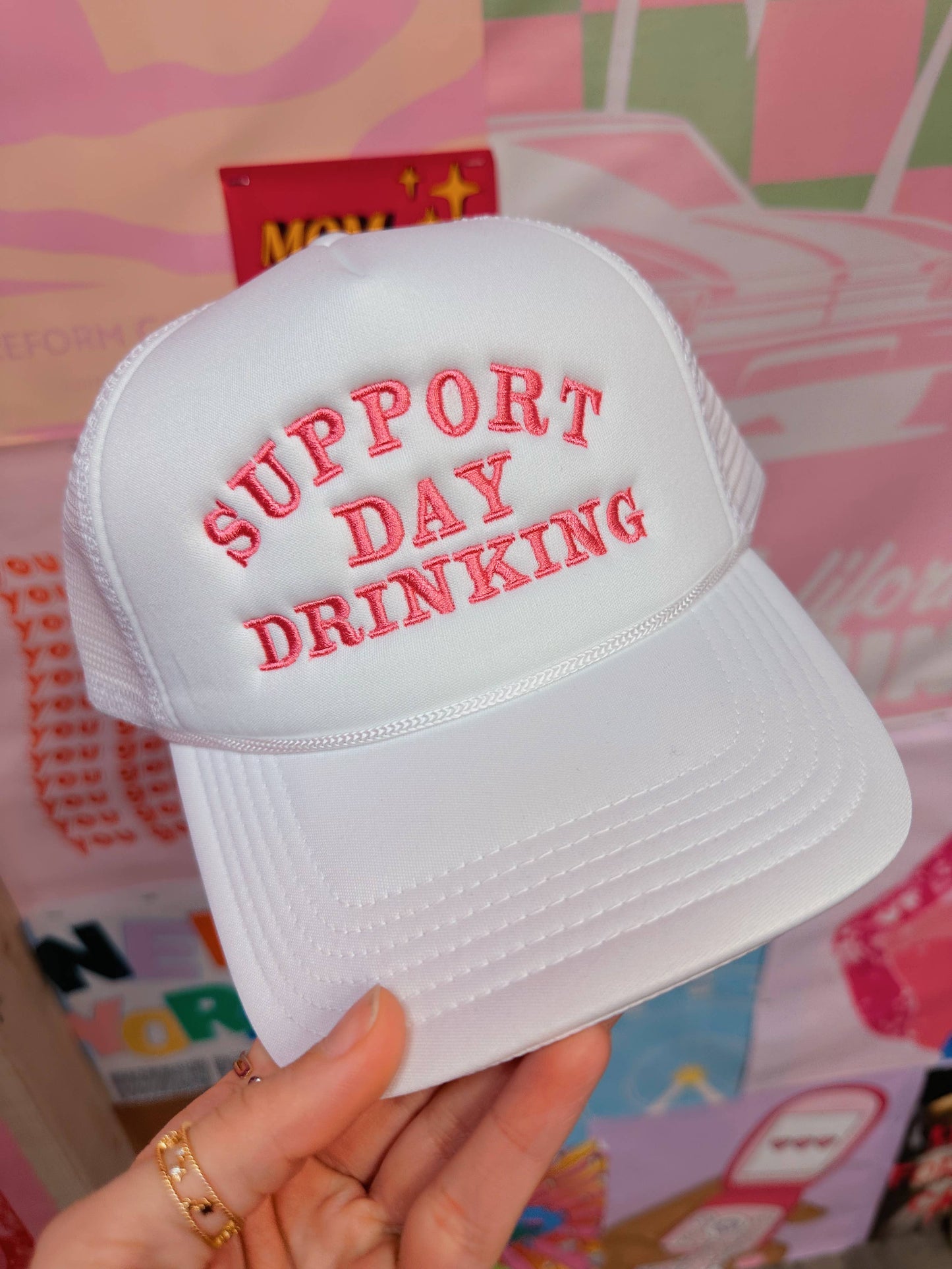 Support Day Drinking White Trucker Hat