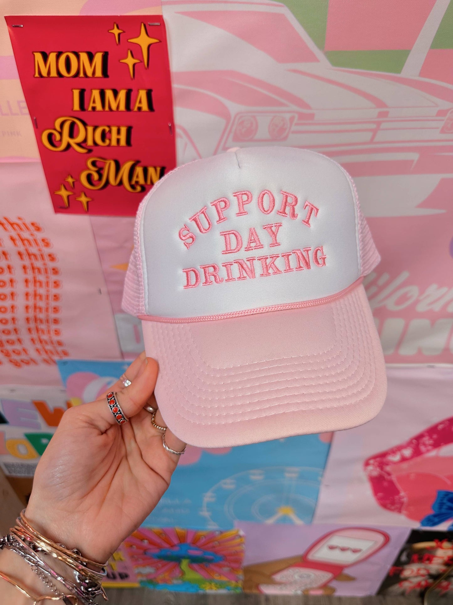 Support Day Drinking Trucker Hat Baby Pink: Embroidery