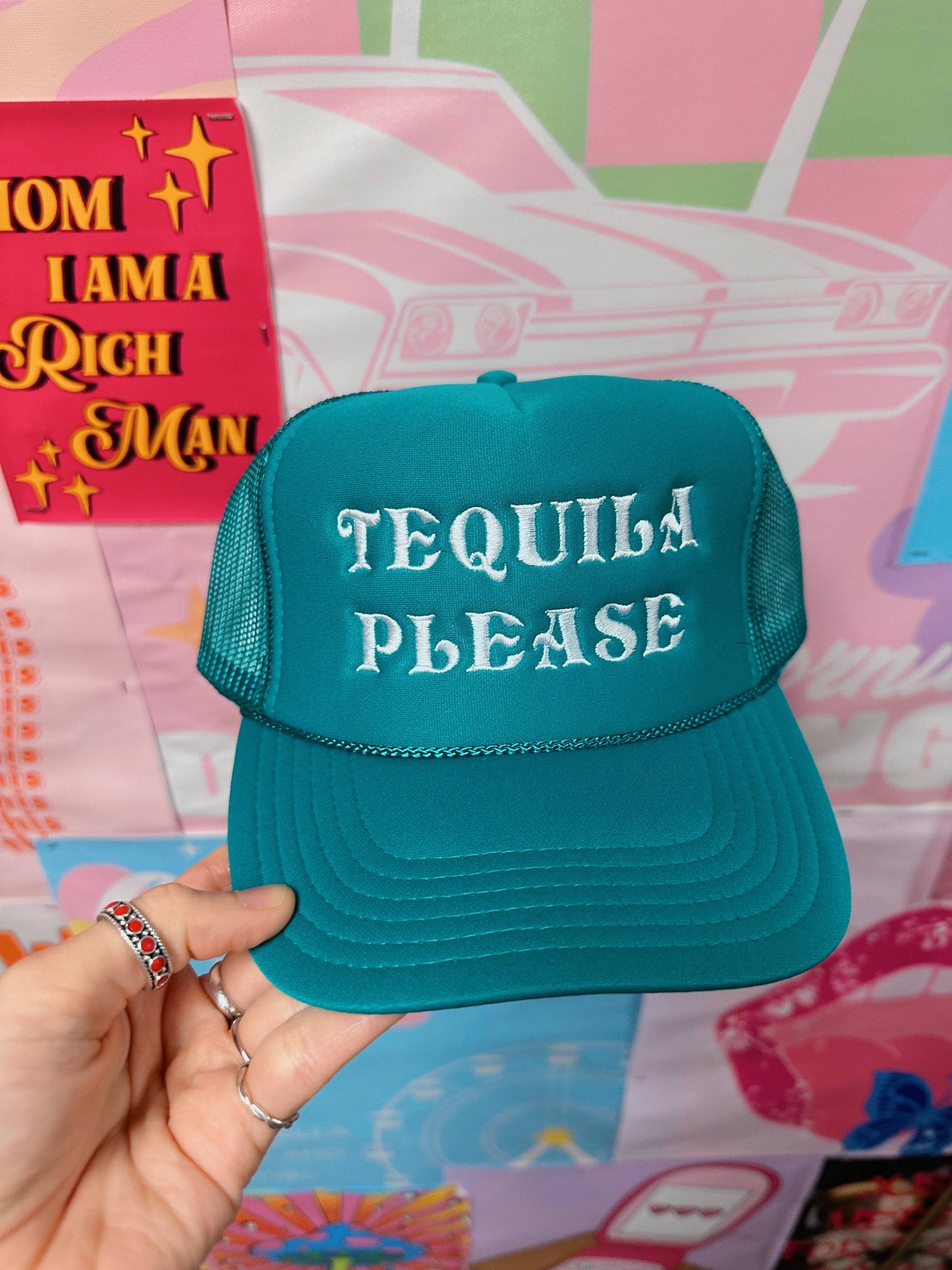 Turquoise Tequila Please Embroidery Trucker Hat