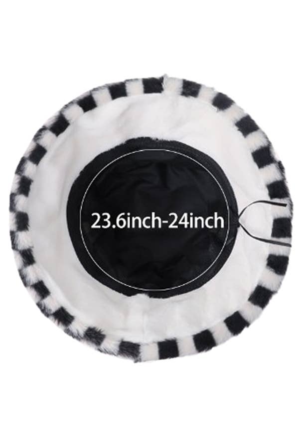 Black White Checkered Fluffy Faux Fur Bucket Hat