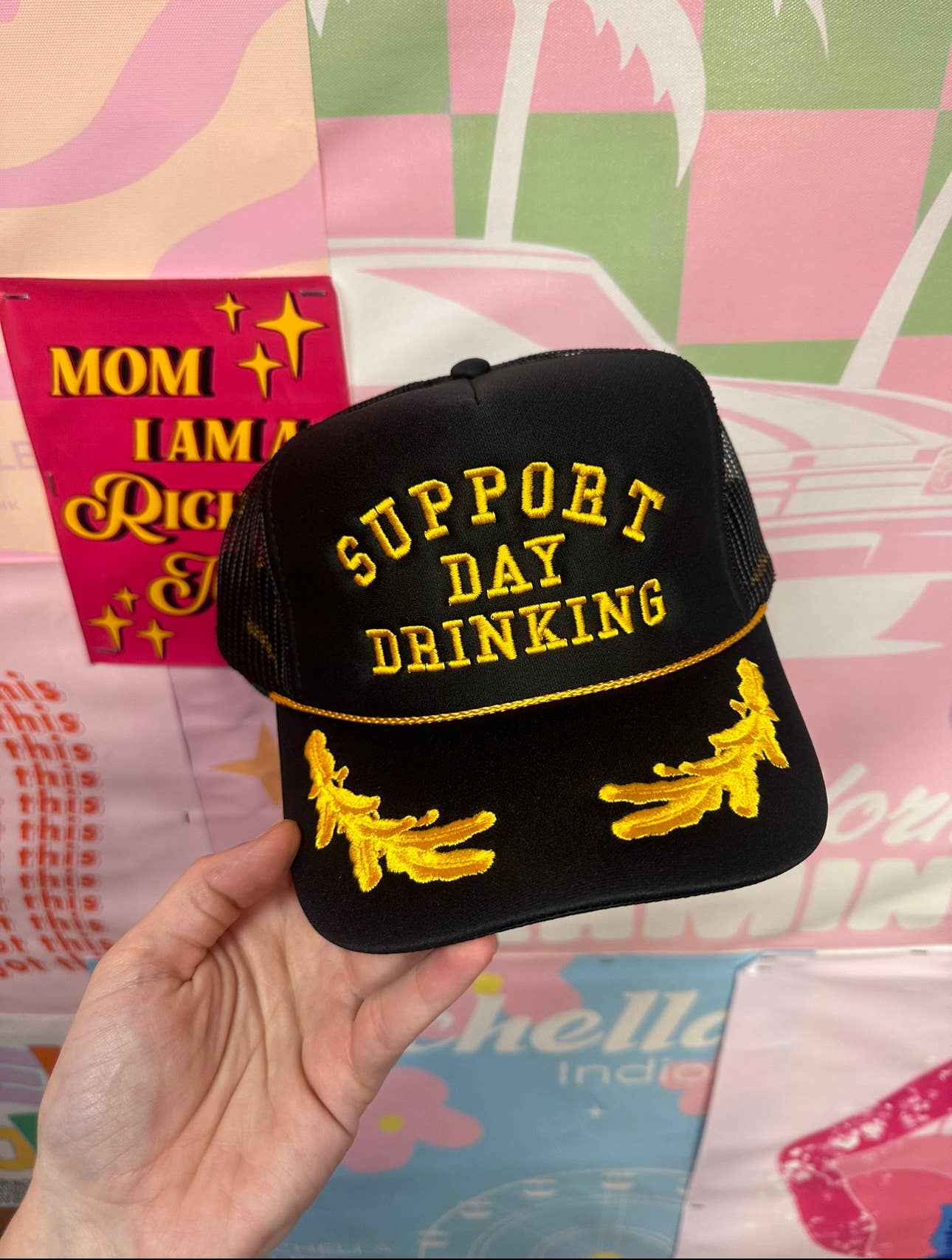 Support Day Drinking Trucker Hat: Gold Look