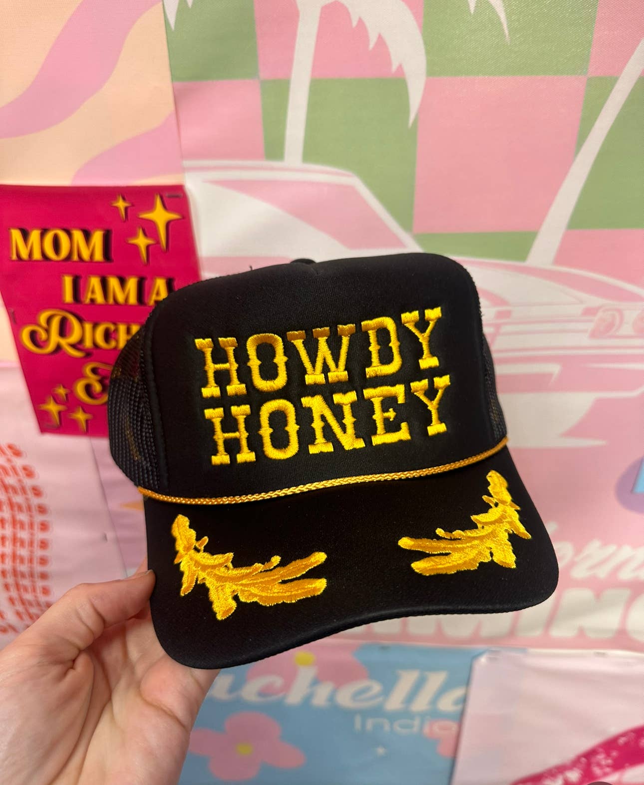 Black Howdy Honey Gold Trucker Hat: Embrodiary