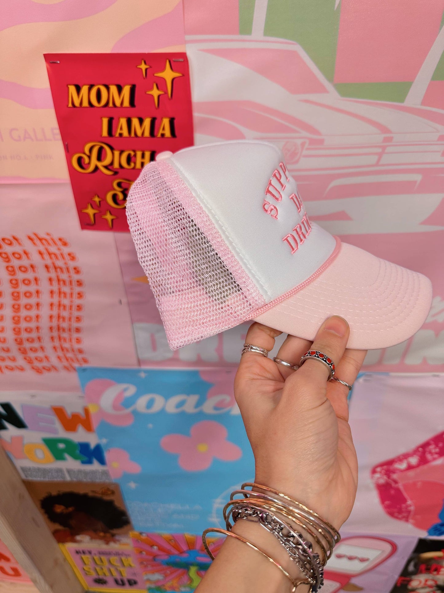 Support Day Drinking Trucker Hat Baby Pink: Embroidery