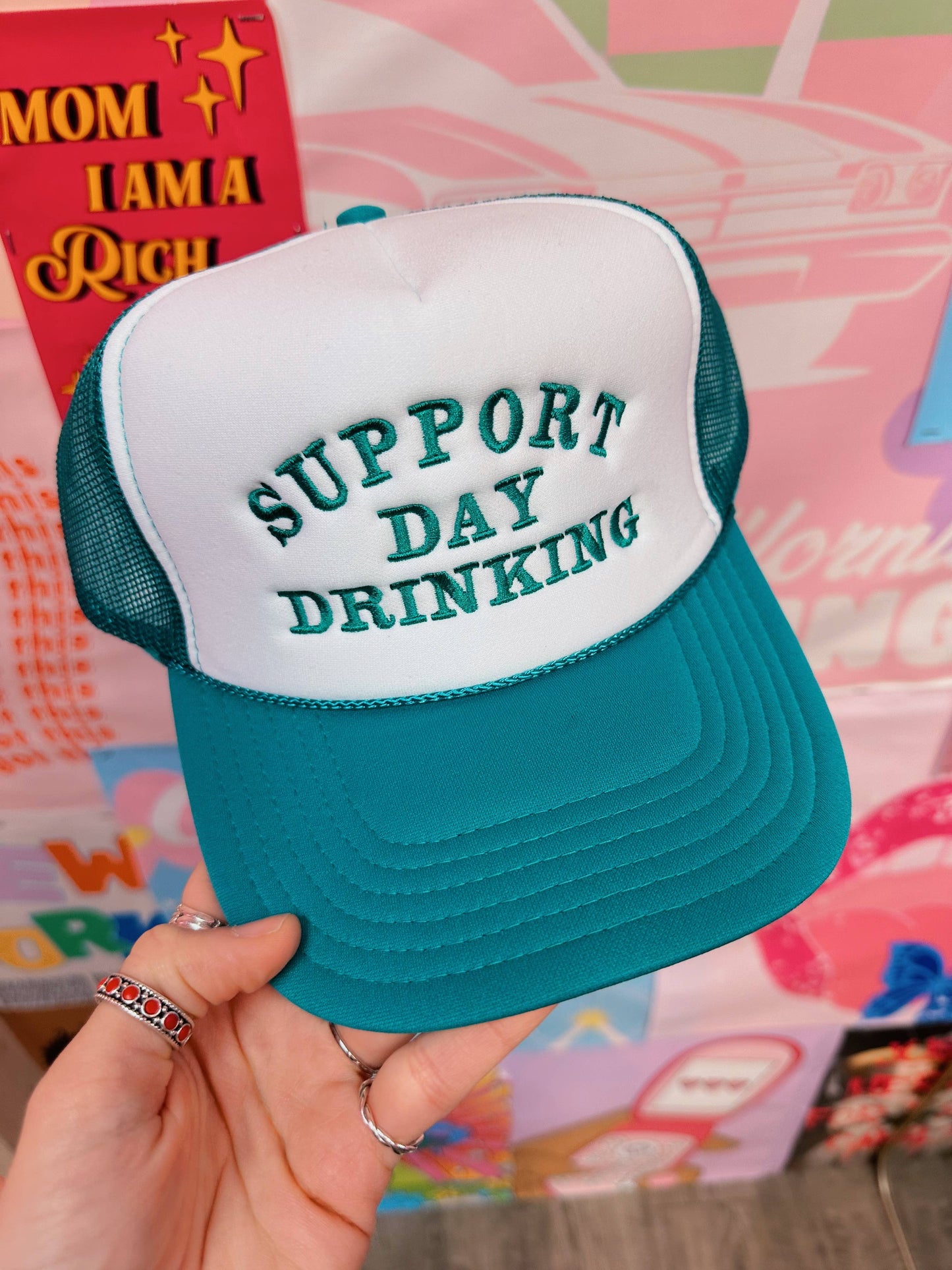 Turquoise Support Day Drinking Trucker Hat Embroidery