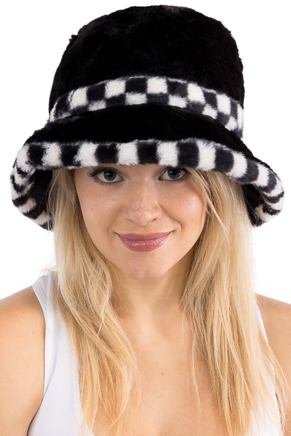 Black White Checkered Fluffy Faux Fur Bucket Hat