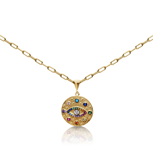 Rainbow Evil Eye Medallion Necklace