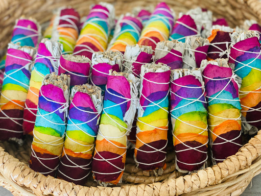 White Sage w/ Rainbow Chakra Roses Smudge Sticks in Bulk