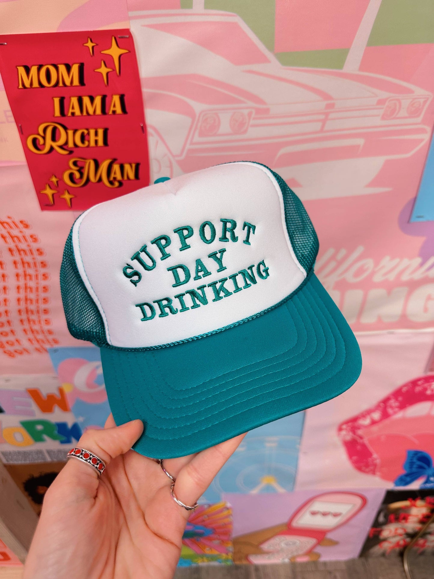 Turquoise Support Day Drinking Trucker Hat Embroidery