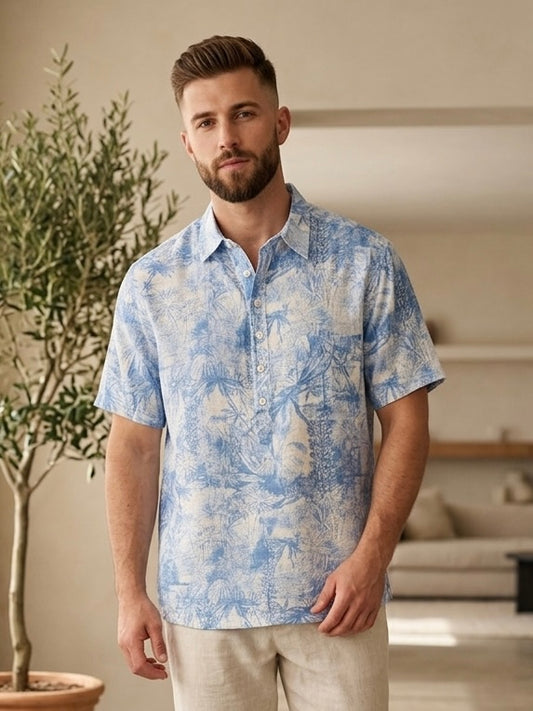 Blue Palm Tree Linen Shirt