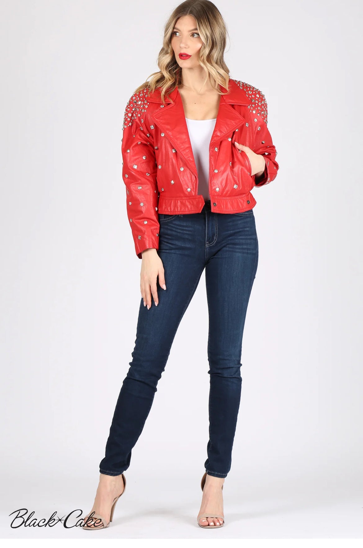 Red Upcycled Studded Zodiac Sign Leather Jacket