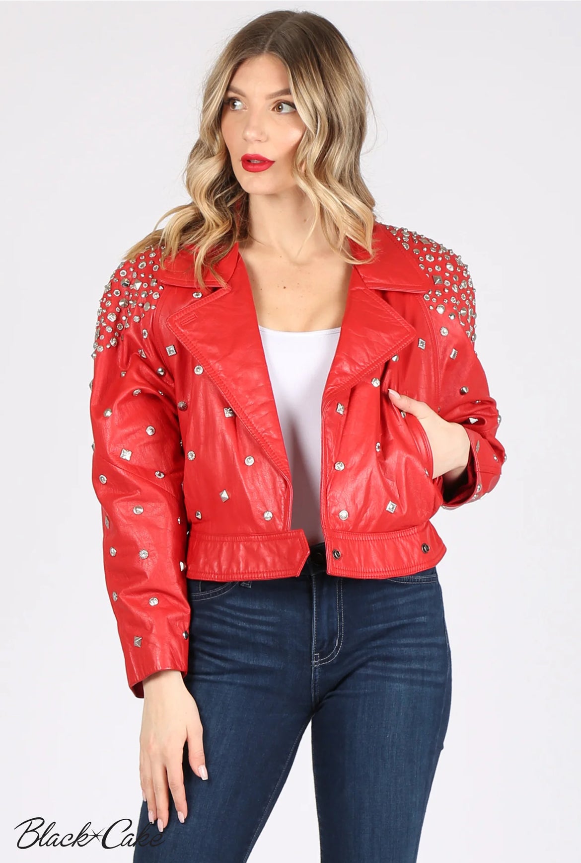 Red Upcycled Studded Zodiac Sign Leather Jacket