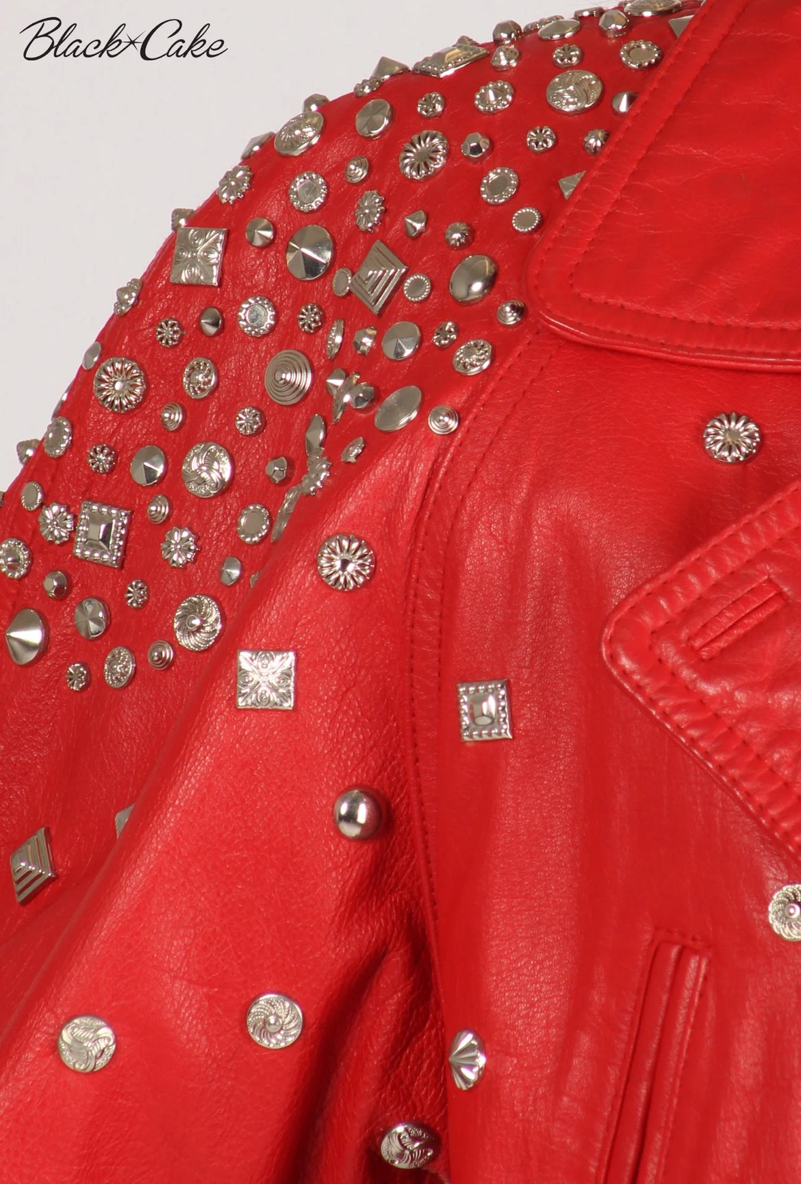 Red Upcycled Studded Zodiac Sign Leather Jacket