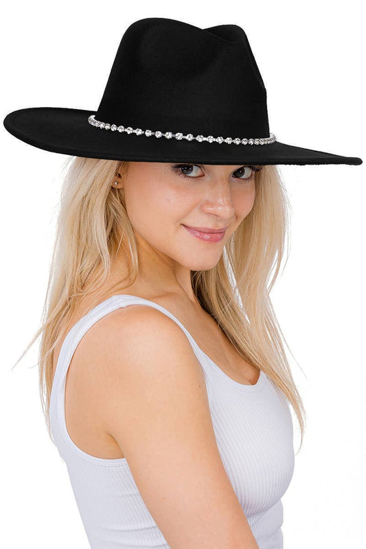 Crystal Bling Rhinestone Chain Felt Rancher Hat: Black