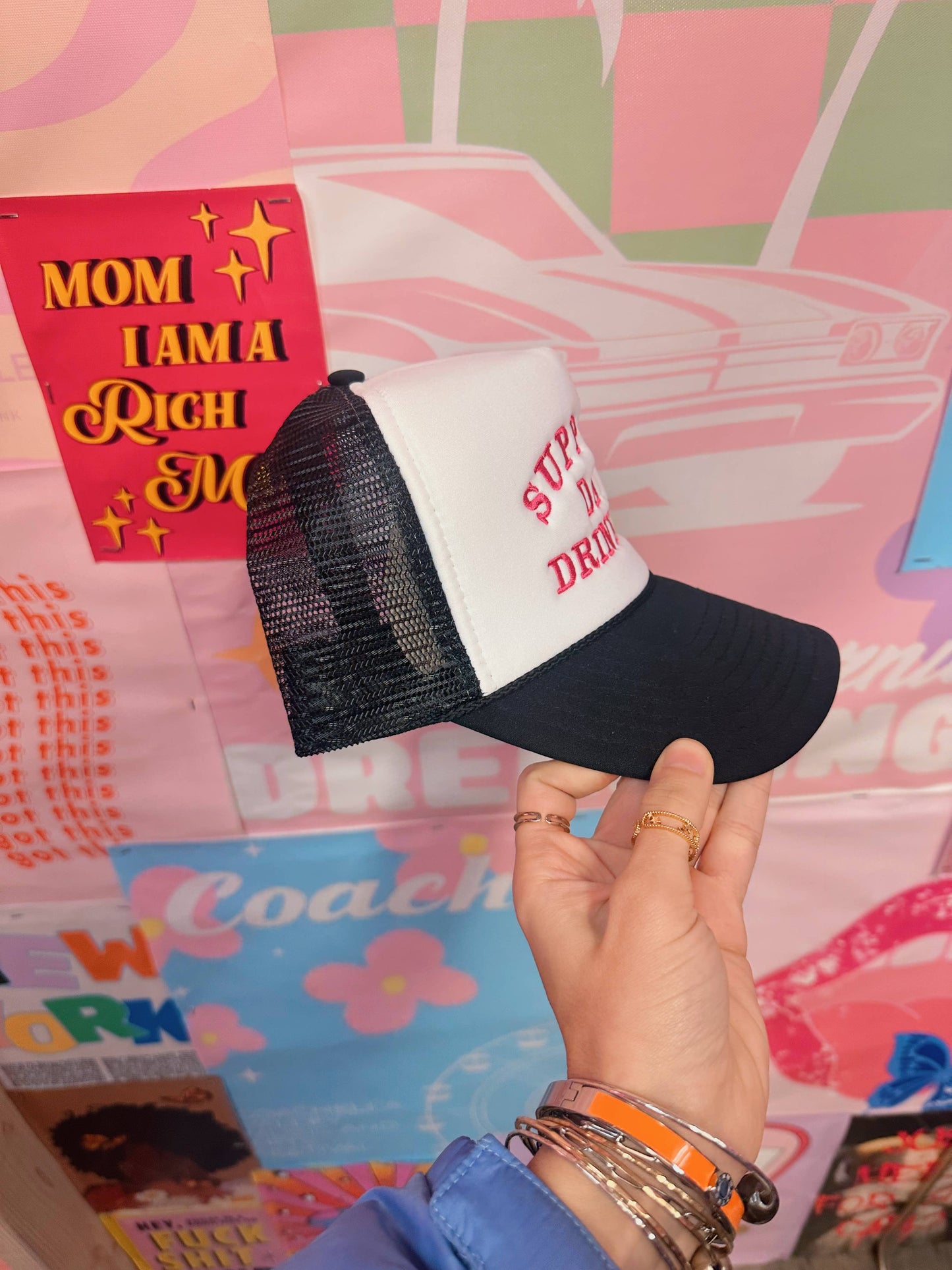 Support Day Drink Trucker Hat Pink