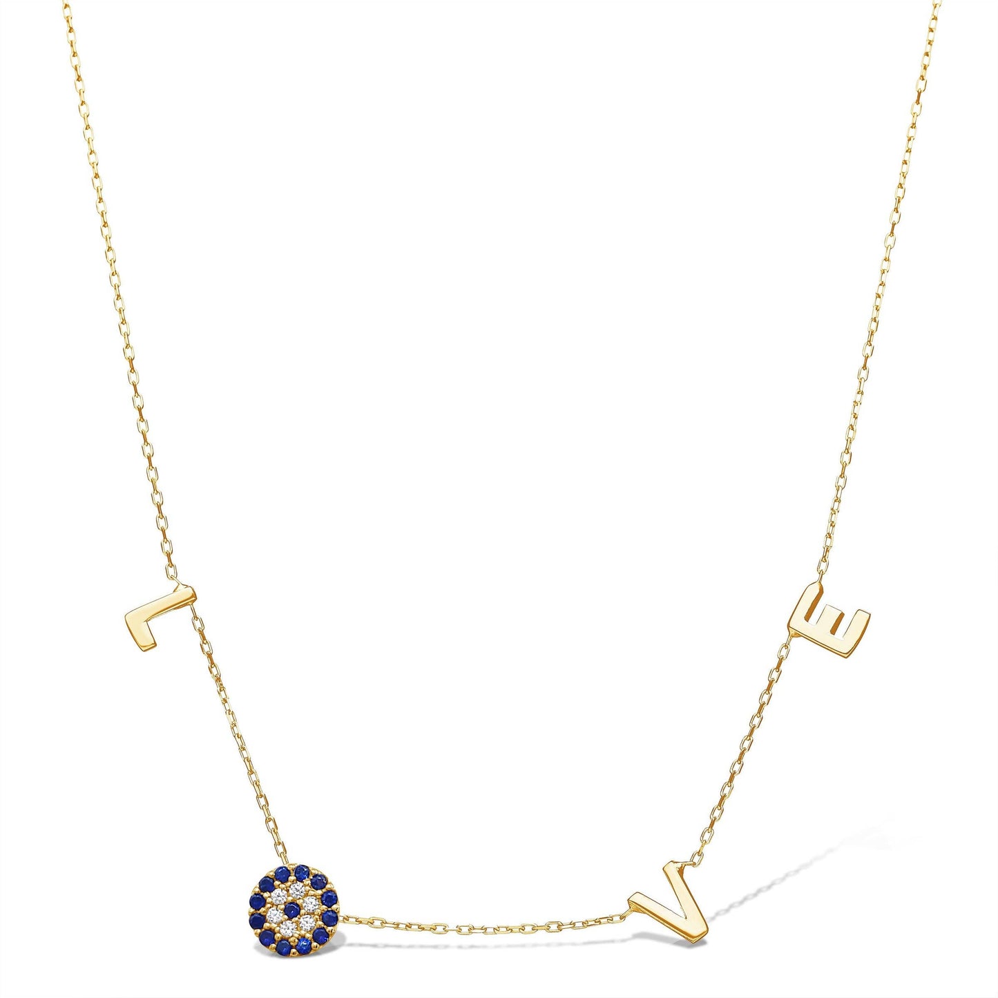 Evil Eye Love Letter Necklace: Yellow gold