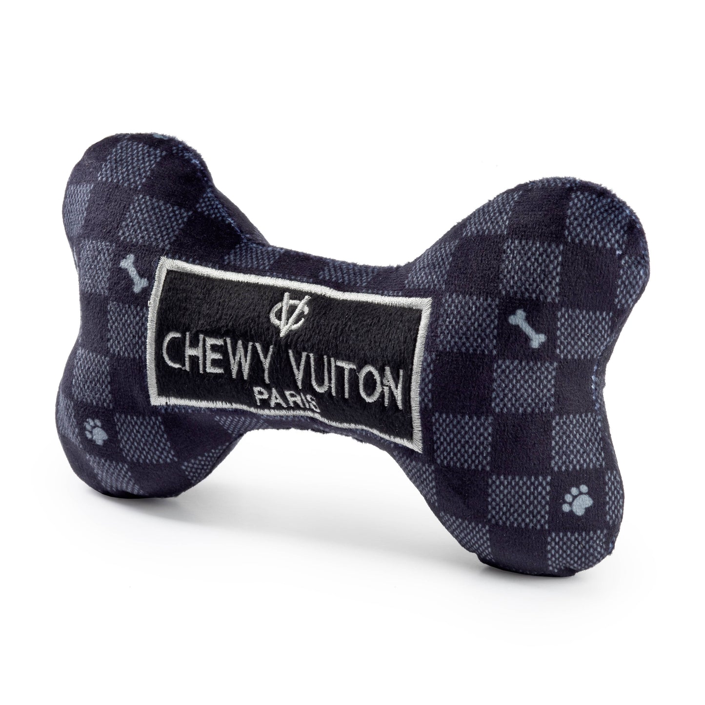 Black Checker Chewy Vuiton Bone Squeaker Dog Toy