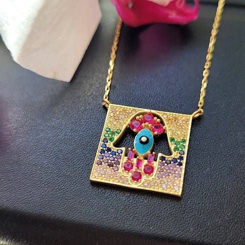 Intricate Hamsa Colorful Necklace